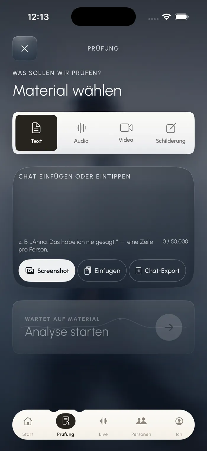 Hearium-Prüfung „Material wählen“: einen Chat als Text, Screenshot oder Chat-Export einfügen.
